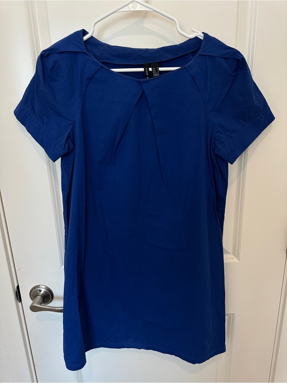 Mango Basics Blue Shift Dress Womens 6 Short Sleeve Pleat Neck Cambodia